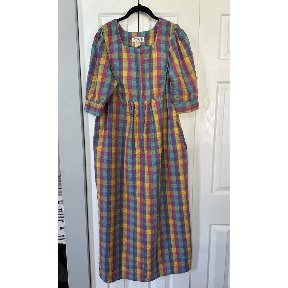 Vintage Saybury Rainbow Plaid Smocked House Coat Zip Front Robe Maxi S Granny